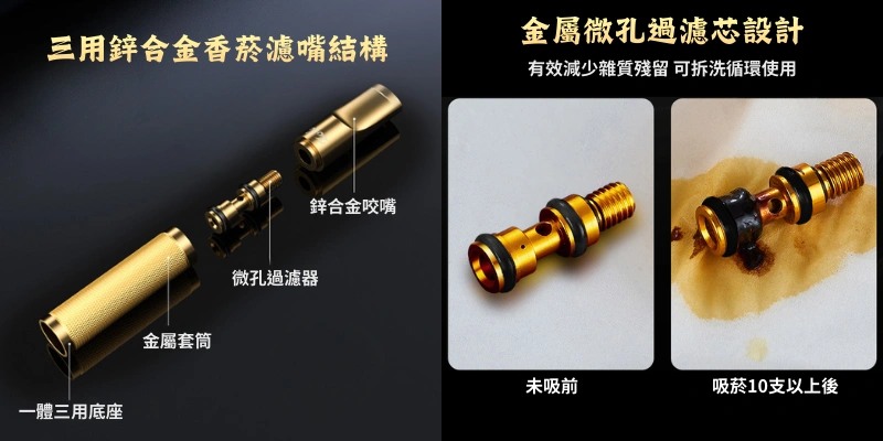 三用鋅合金香菸濾嘴結構-金屬微孔過濾芯設計-ZOBO正牌鋅合金全金屬香煙濾嘴附質感皮革收納套[粗中細一體三用・可循環清洗]禮盒裝