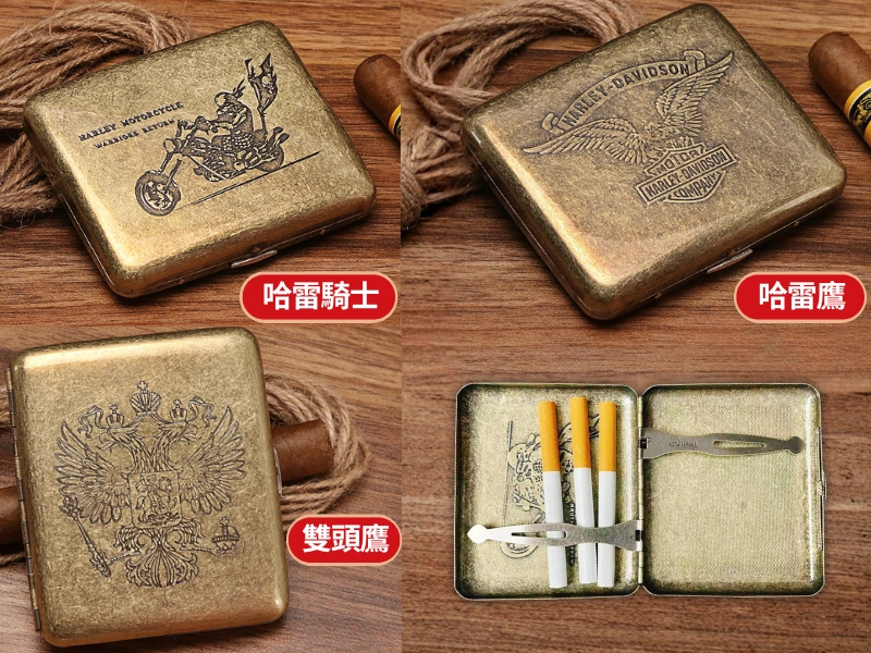 展示-哈雷騎士_哈雷鷹_雙頭鷹-金屬青銅雕刻復古菸盒可裝8mm粗煙20支-抗壓防摔防潮隨身菸盒