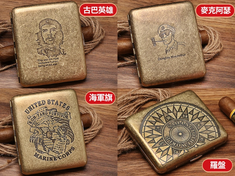 展示-麥克阿瑟古巴英雄海軍旗羅盤-復古雕刻隨身菸盒可裝8mm粗煙20支-防壓防潮金屬香菸收納盒