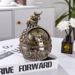 青銅牛-歐式復古動物聚寶盆創意造型煙灰缸-帶蓋防風防摔設計-加厚鋅合金青銅色擺飾