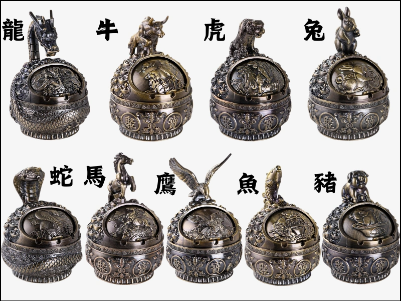 青銅色龍牛虎兔蛇馬鷹魚豬展示-歐式復古動物聚寶盆創意造型菸灰缸9款青銅色擺飾